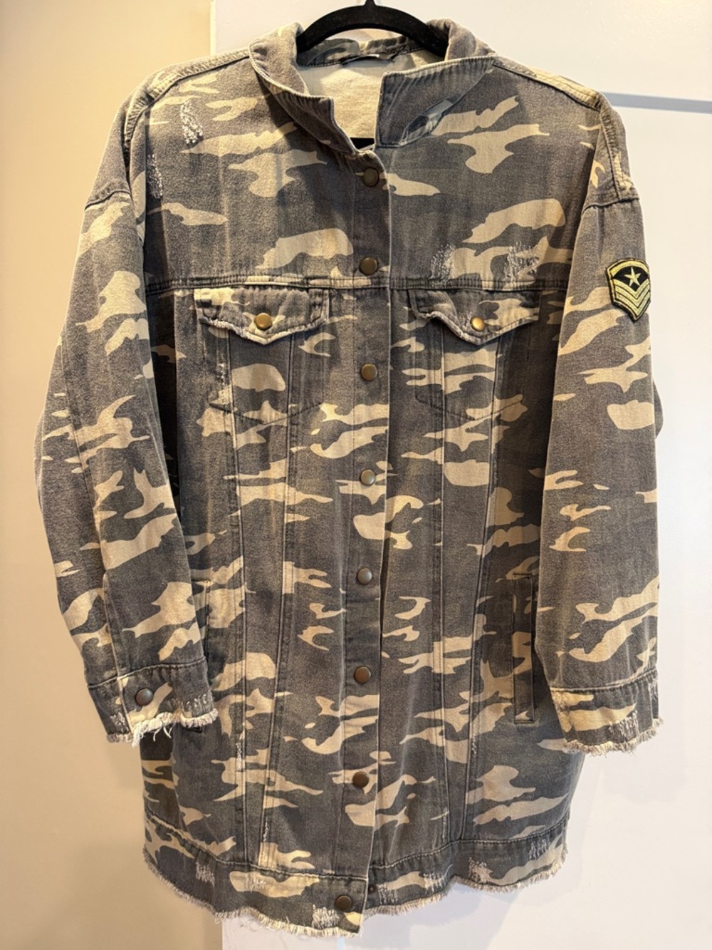 Camo Print Long Denim Jacket - Faded